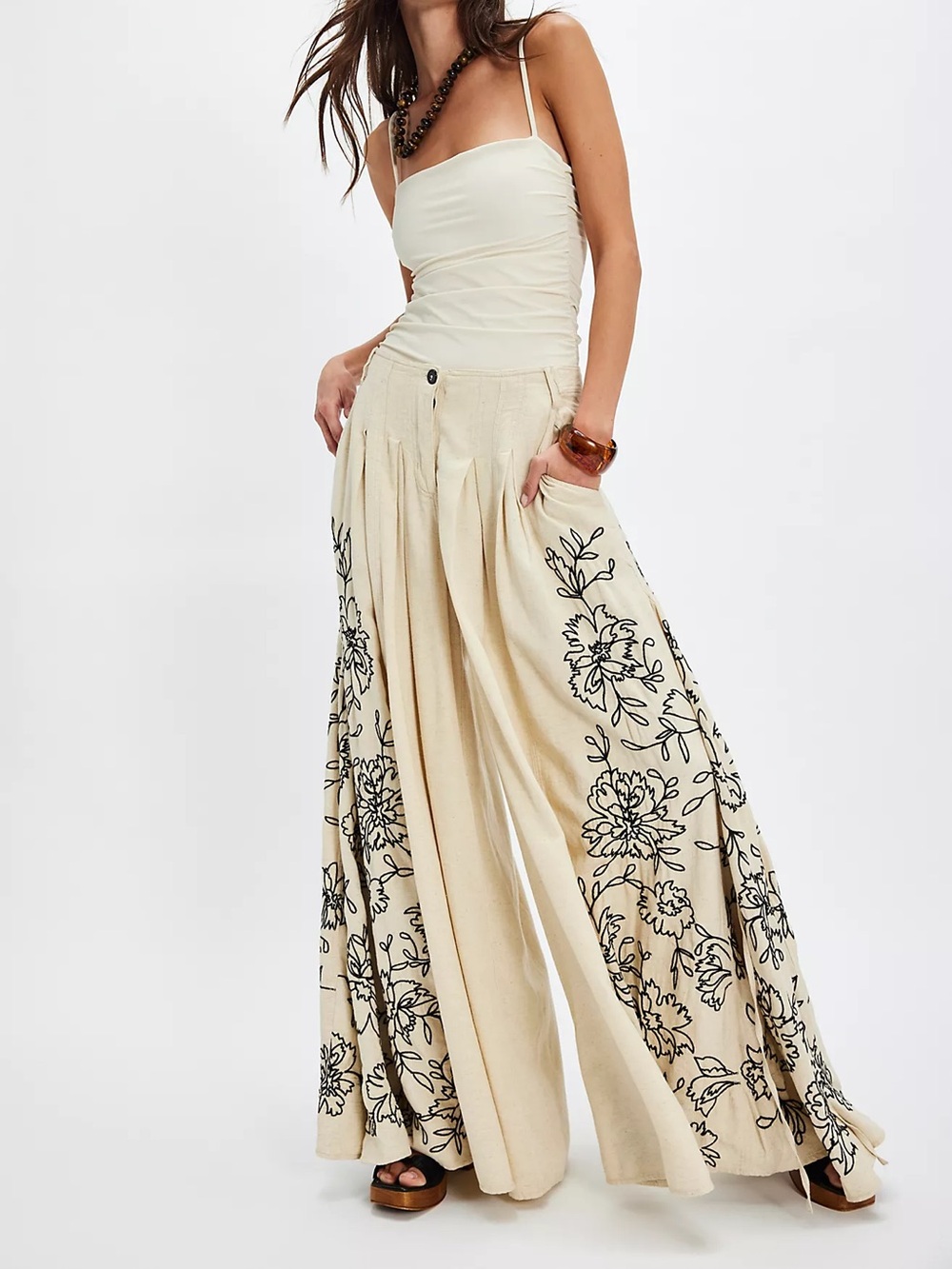 Free People Cream Wide-Leg Floral Pants with Black Embroidery